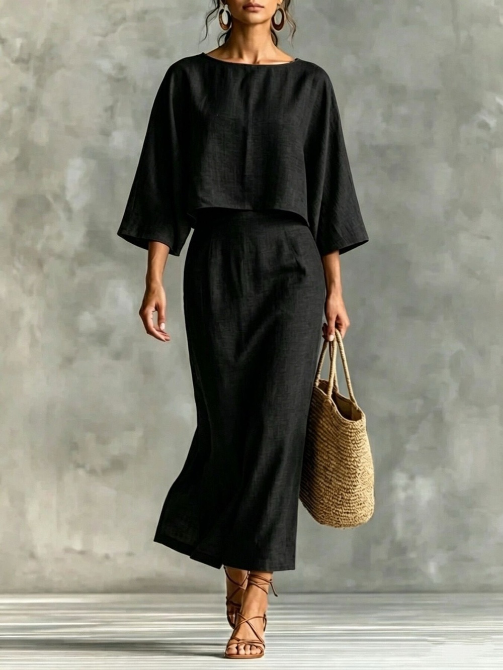 Full Size Solid Color Cropped Top and Midi Skirt Set Plus Size